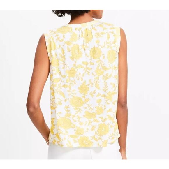 Loft Yellow Floral Pleated Yoke Mixed Media Top, Sleeveless, Women’s Size Small - Picture 2 of 12